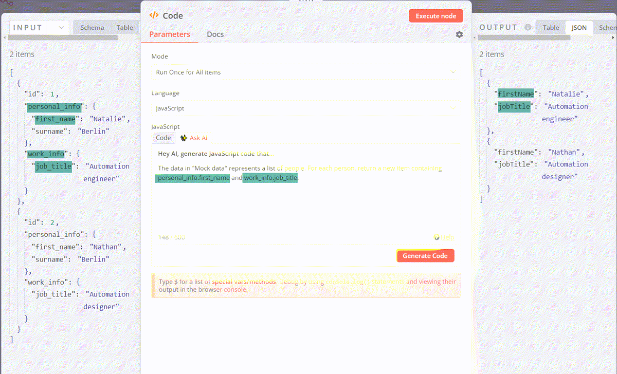n8n Code node with JavaScript, input JSON on the left and output JSON on the right
